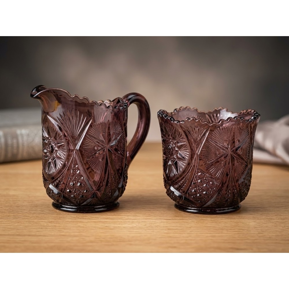 Vtg John E Kemple Glassworks Purple Amethyst Yutec Pattern Creamer Sugar Set